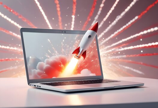 Startup business launching from a computer, successful takeoff concept.