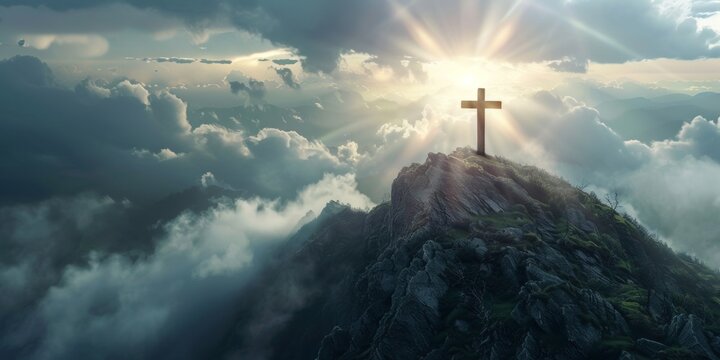 A Cross On Top Of A Mountain With The Sun Shining Behind It
