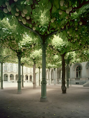 Fototapeta premium A courtyard with a large tree in the center. The tree is surrounded by several other trees and has a lot of leaves. The courtyard is empty and the trees are the main focus of the image. Generative AI