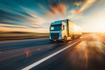 Fully Loaded Cargo Truck Speeding Along a Highway at Sunrise