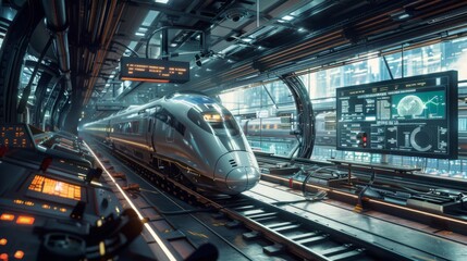 Fototapeta premium Create a high-resolution image of an advanced Positive Train Control system in action, with a futuristic control room, multiple screens displaying real-time data