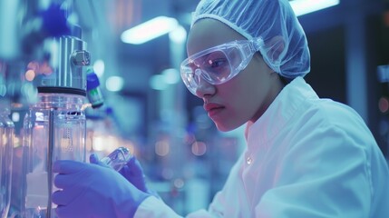 scientist is working hard to develop a new vaccine. She is wearing a lab coat, gloves, and safety goggles. She is looking at a test tube containing a blue liquid."