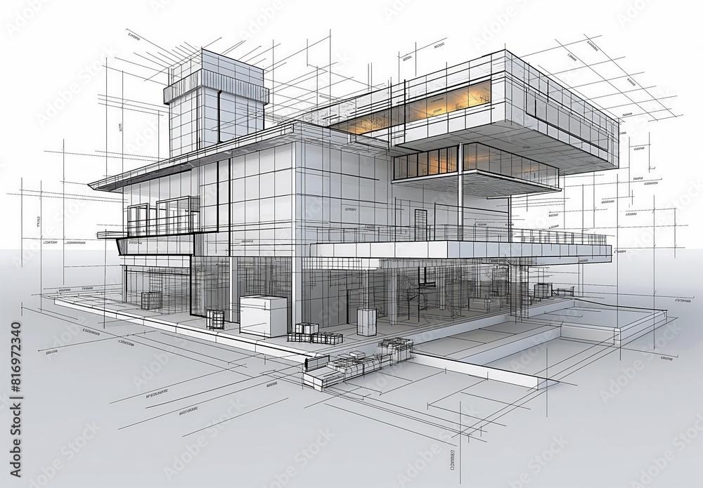 Poster industrial building wireframe rendering with architectural and construction details