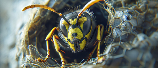 Explore detailed hyperreal images capturing a wasp inspecting its nest in close-up macro photography