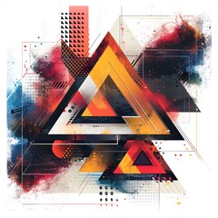 A geometric abstract artwork featuring a large triangle, vibrant colors and dynamic shapes, 3D effect