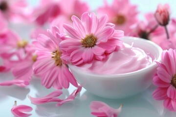 Delicate daisies around a bowl of pink cream on a tranquil blue background