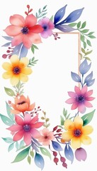 Floral frame watercolor drawing, template, copy space, place for text.