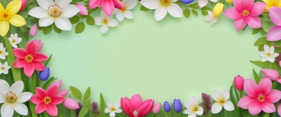 Obraz premium Summer Floral Frame, Pastel Beautiful Spring Template, Text Background, Copy Space.