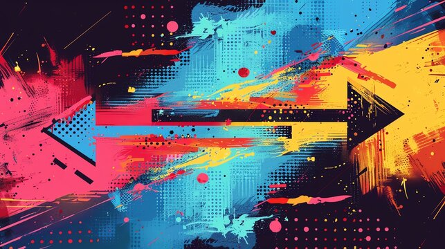 A visual representation of a contradiction with opposing arrows, abstract, vector art, bold colors, conceptual and striking