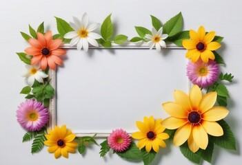 Fototapeta premium Summer Floral Frame, Pastel Beautiful Spring Template, Text Background, Copy Space.