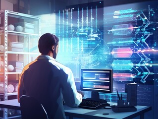 Fototapeta premium Generate an illustration of a genomics data scientist working with DNA sequencing data in a hightech lab.