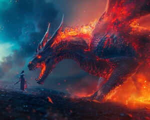 A courageous warrior standing against a firebreathing dragon, vibrant colors, fantasy, 3D render, dynamic lighting, intense action