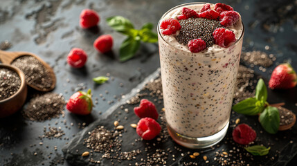 chocolate milkshake smoothie in a glass with chunks of fruit  , milk drink concept for brochures , menu card , business , cafes and restaurants advertisements  Background with copy space, 3d rendering