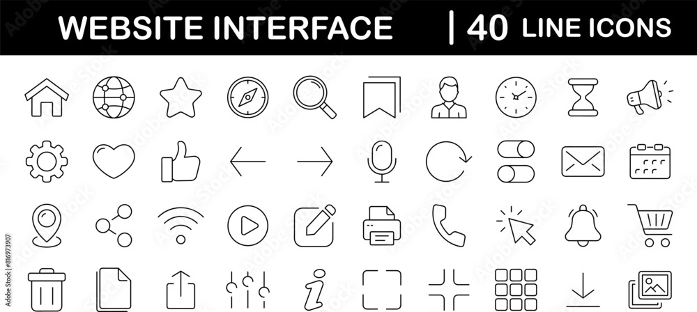 Poster Website Interface set of web icons in line style. Basic UI/UX icons for web and mobile app. Containing user interface, web page, mobile app, web interface, development and more
