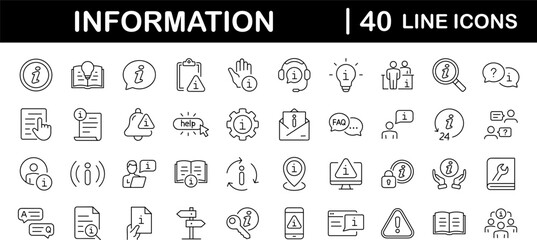 Information set of web icons in line style. Info and Help Desk icons for web and mobile app. Containing user manual, instruction, guidebook, reference, information support, assistant, customer help