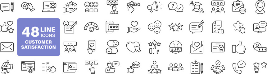 Customer satisfaction set of web icons in line style. Feedback icons for web and mobile app. Containing rating, like, dislike, customer experience, review, client satisfaction, testimonial and more