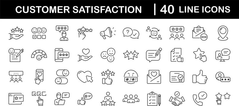 Customer satisfaction set of web icons in line style. Feedback icons for web and mobile app. Containing rating, like, dislike, customer experience, review, client satisfaction, testimonial and more