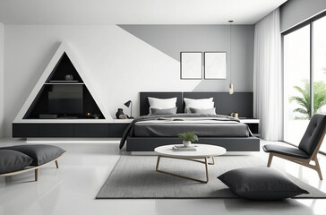 Black and White Bedroom with Geometric Wall Art
