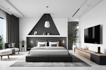 Black and White Bedroom with Geometric Wall Art