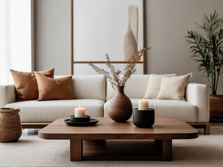 Minimalist Wooden Coffee Table with Clay Vase and Candles in Modern Living Room