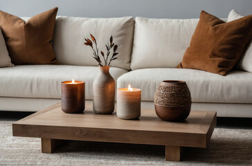 Minimalist Wooden Coffee Table with Clay Vase and Candles in Modern Living Room