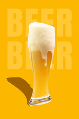 Tall glass of lager foamy beer with beer words against yellow background. Contemporary art collage. Refreshment. Concept of summer vibe, surrealism, abstract creative design, pop art