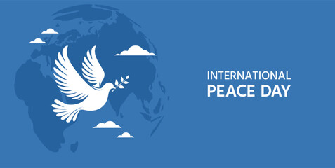 International Day of Peace banner. A dove with an olive branch in its beak on the Earth globe background, flat vector illustration