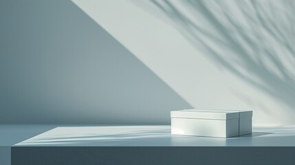  A minimalist composition of a single gift box placed on a clean white surface, with soft lighting casting gentle shadows, creating a serene and elegant backdrop for any occasion.