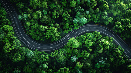 drone view asphalt road in the green forest