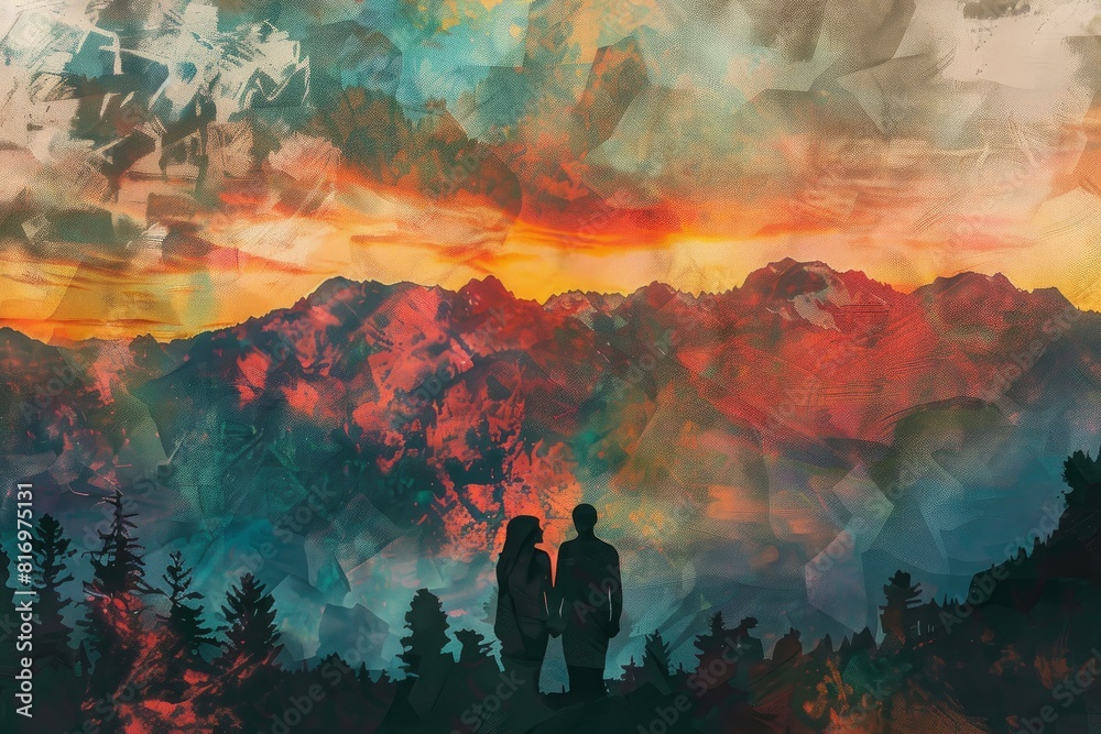 Poster Silhouette of a couple with mountain backdrop during colorful sunset