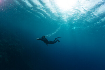 Freediver Swimming in Deep Sea With Sunrays. Young Man Diver Eploring Sea Life.