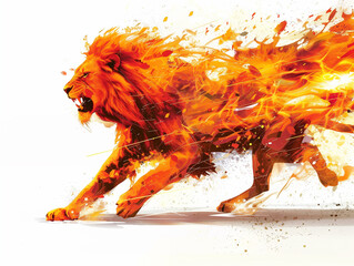 Flaming Lion in vector style, orange color on a white background, with a simple design. A vector art illustration depicting a full body, side view of a lion in a running pose with fire and sparks. A f