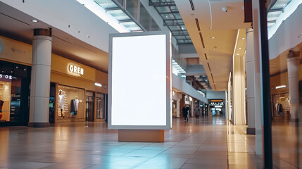 Modern indoor shopping mall showcasing a well-lit, blank advertising billboard. Ideal for displaying promotional content in a retail environment.
