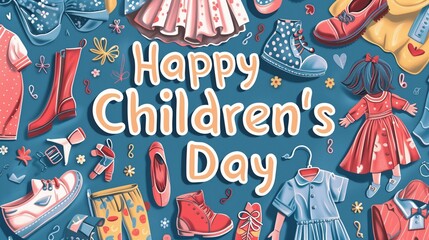 An adorable composition featuring the words "Happy Children's Day" written in playful, cartoon-like letters, with a background filled with children's clothing, shoes, and accessories