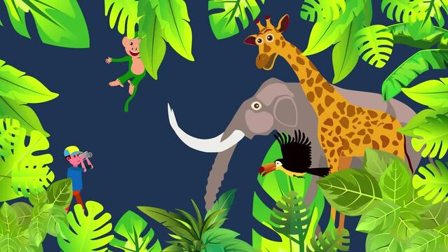 Elephant giraffe and jungle amimals and birda animation cartoon