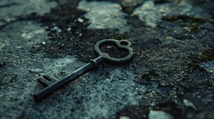 Antique Old Vintage Rusty Key on dark Background, copyspace