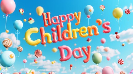 The words "Happy Children's Day" written in vibrant, playful letters against a backdrop of colorful balloons floating in a clear blue sky, with candy-shaped clouds adding to the whimsical atmosphere.