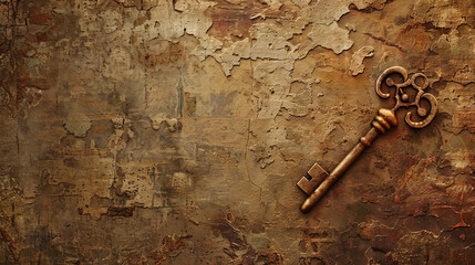 Old vintage rusty key on gold background, copyspace