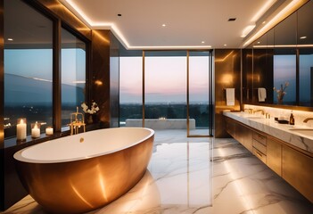 Large Bathroom in Luxury Home with marble and royal work and warm lighting along different matellic colours paint on the walls view from the window of evening