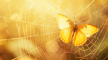 orange delicate butterfly trapped in a spider's web, fragility and vulnerability of mental health, copyspace