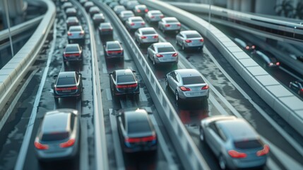 A fleet of connected and autonomous vehicles seamlessly maneuvering through a complex highway interchange, 