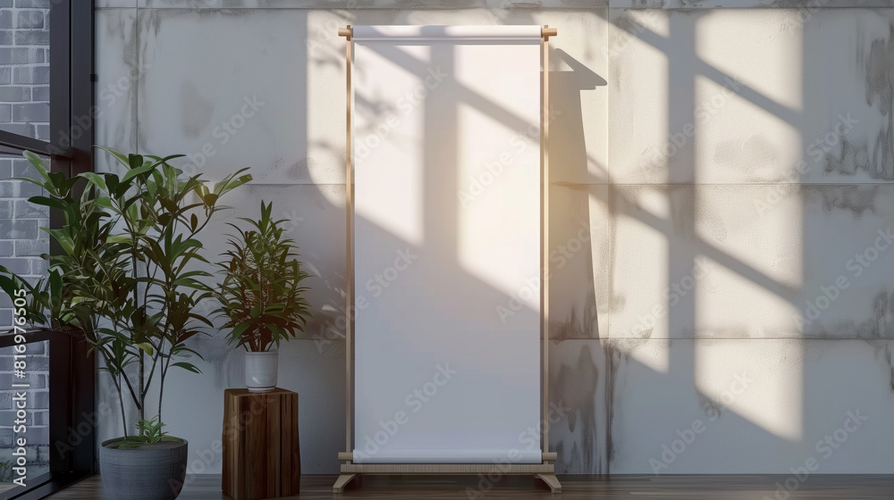 Canvas Prints A minimalistic interior mockup with a blank vertical banner stand flanked by two potted plants on a wooden floor. The backdrop features a textured wall with dramatic sunlight and shadows.