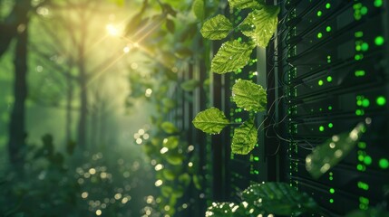 Green data center. The data center is located in a forest. The servers are covered with leaves. The sunlight shines through the leaves.