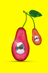 Creative poster with avocado, cherries with disc balls inside against bright yellow background. Tropical party. Contemporary art. Concept of summer vibe, surrealism, abstract creative design, pop art