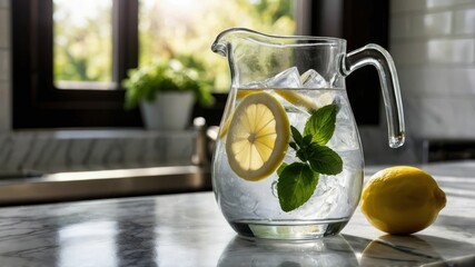 A glass pitcher filled with crystal clear water, lemons, and mint, creating a refreshing concept