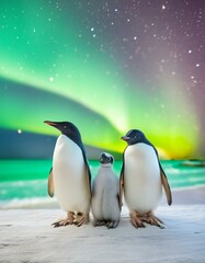 Obraz premium オーロラとペンギン