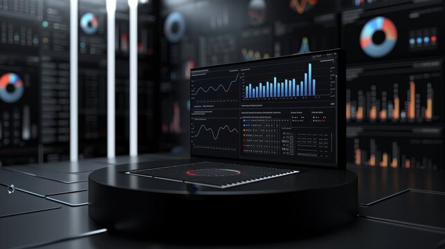 Laptop on the table with graphs and charts on the screen. Futuristic technology, artificial intelligence, and big data concept