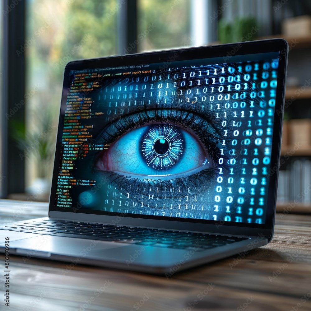 Poster laptop with an eye on the screen. the eye is made up of binary code.