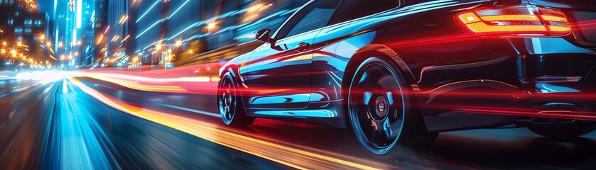 Fototapeta premium Highspeed car driving on the city streets, night view, speed lines, dynamic blur, red and blue tones, streamlined design, cool atmosphere, wideangle lens, high contrast lighting, sporty style. in the