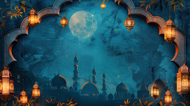 islamic greeting eid ul adha ramadan kareem and eid mubarak card design background with lanterns , lamps and lights	
